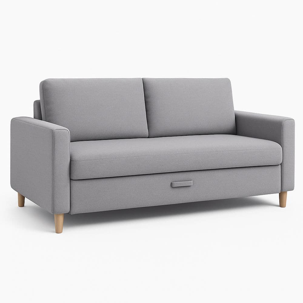 Sofá cama de 2 plazas de tela gris claro con patas de madera