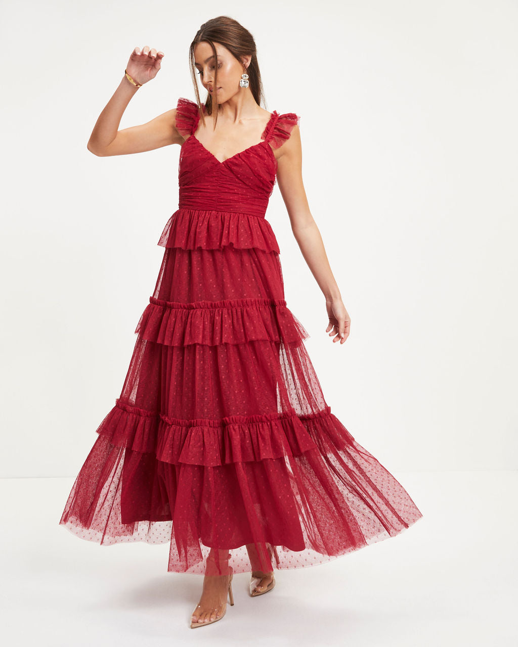 Love Is All We Need Tiered Tulle Maxi Dress - Red - Se7enfashion