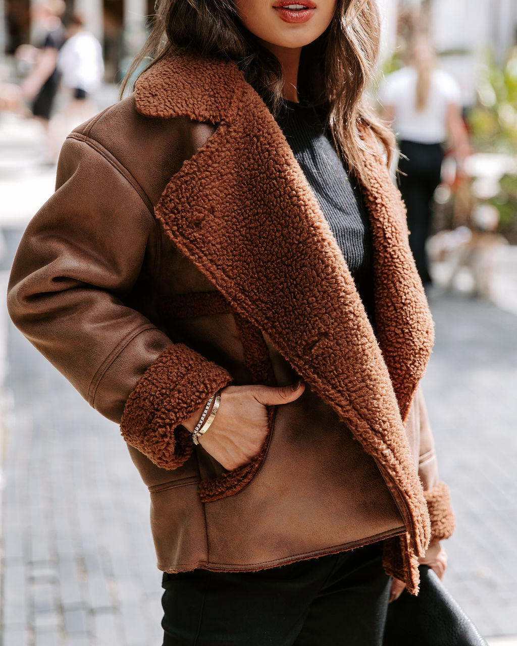 Karen Pocketed Faux Suede Sherpa Trim Jacket - Chocolate - Se7enfashion