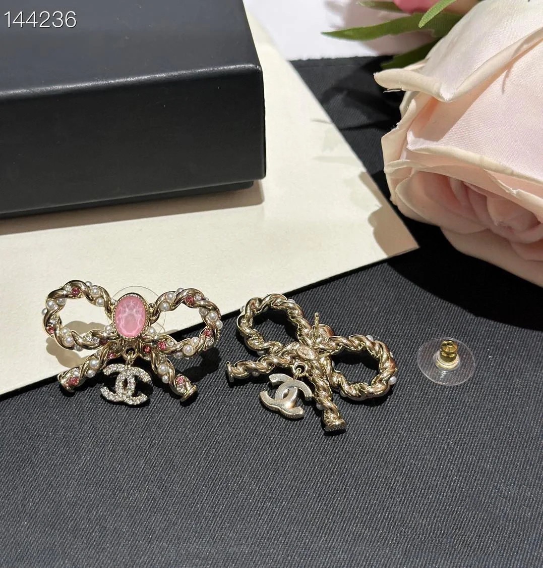 Chanel Pink Rhinestone Bow Brooch Earrings - Original Replica Club