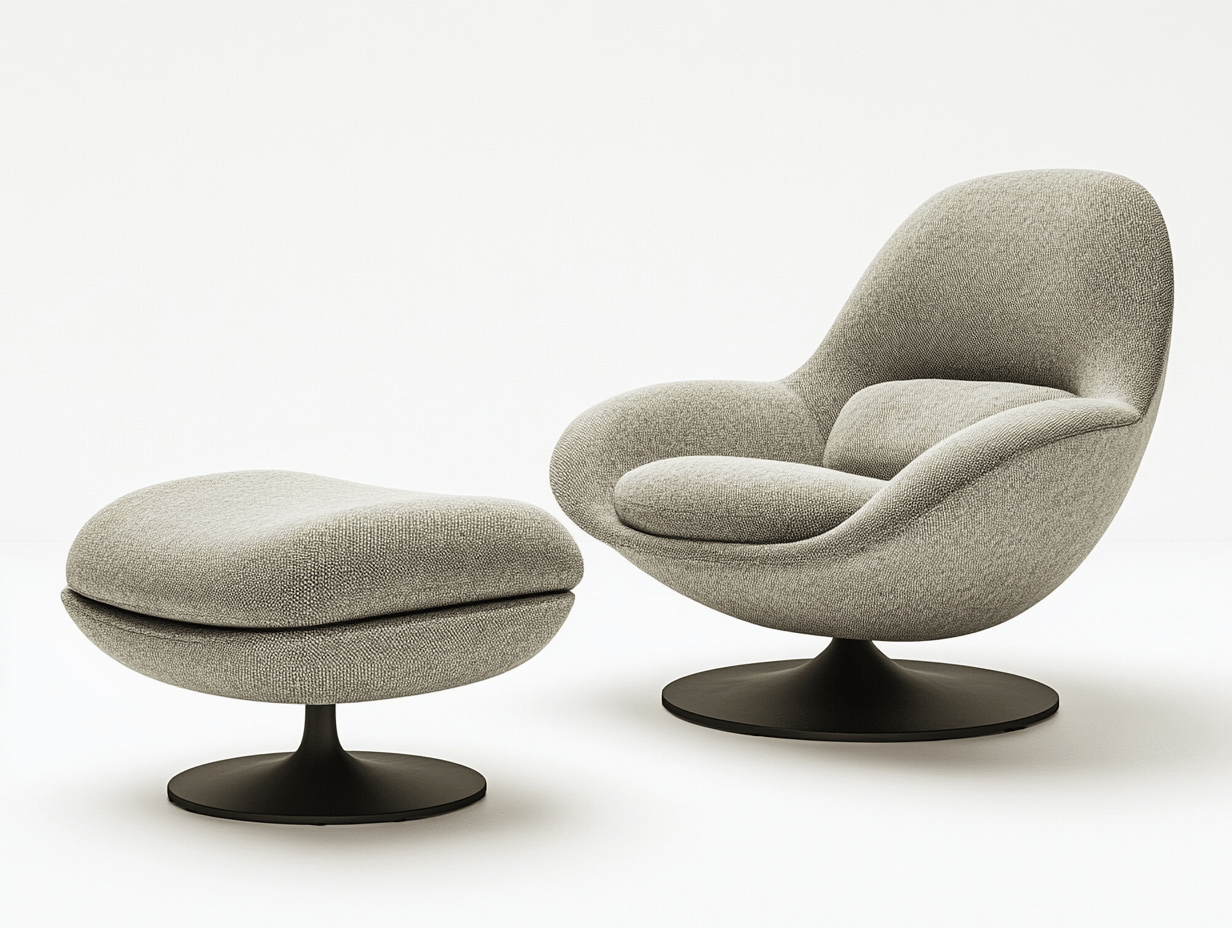 Sillón giratorio con reposapiés 100×90×95 cm – tela gris con base negra – diseño moderno orgánico con estructura envolvente