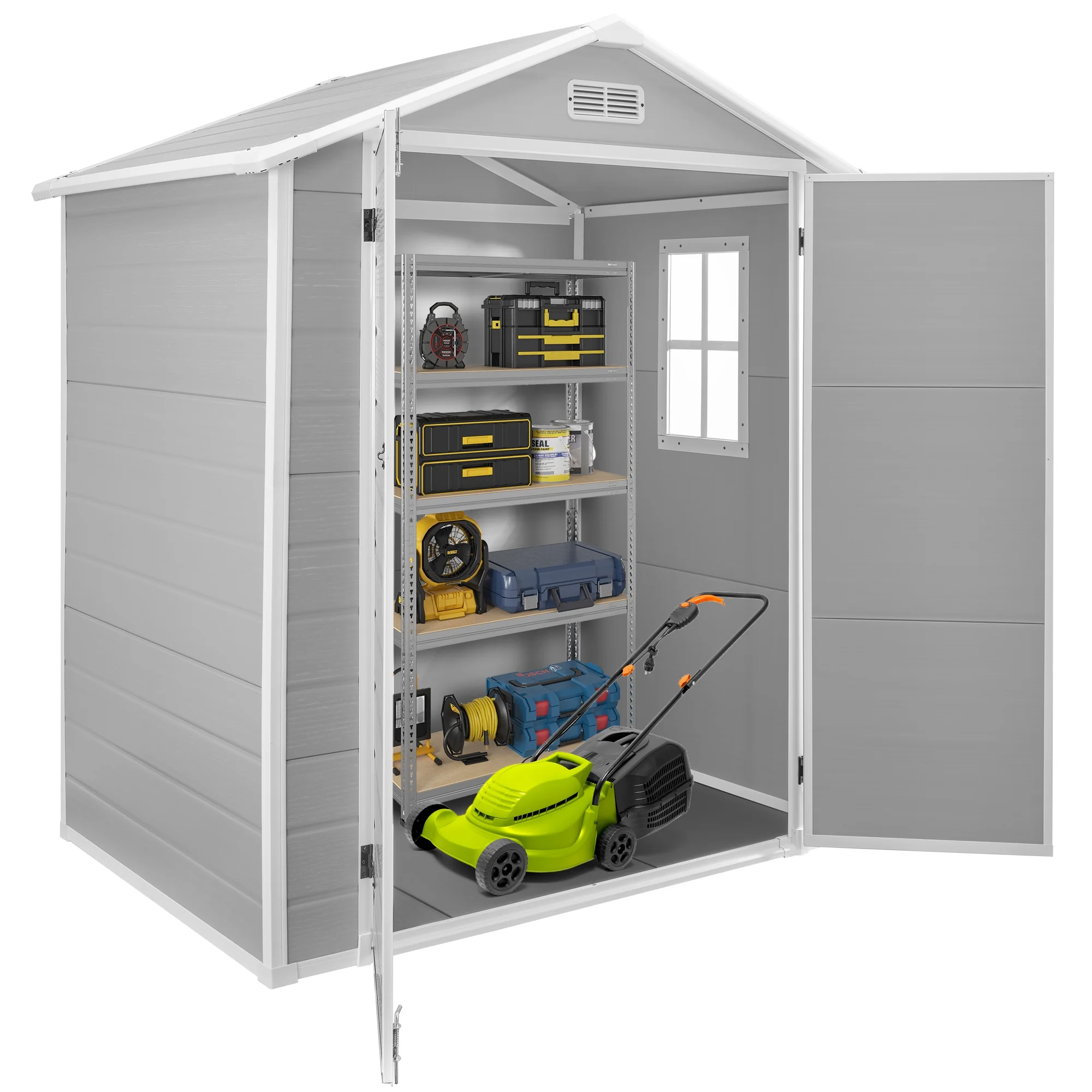 Syngar 6' x 4' Outdoor Plastic Storage Shed, Tools Storage Shed, All Weather Garden Shed with Lockable Doors, Reinforced Floor and Pitched Roof, Outdoor Storage Shed for Backyard, Patio, Lawn - Image 6
