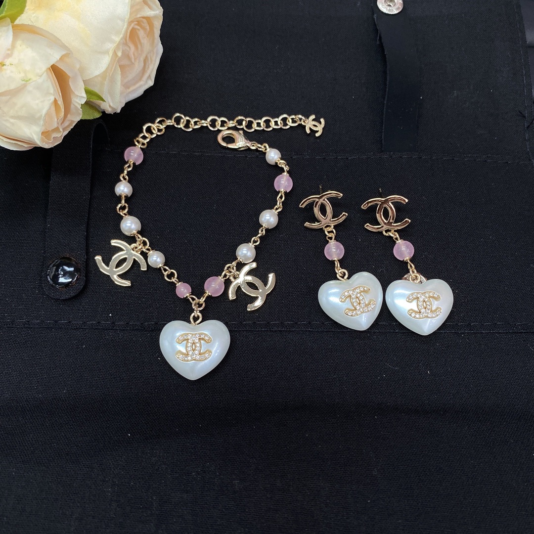 Chanel White Heart Pink Bead Bracelet Earrings - Original Replica Club