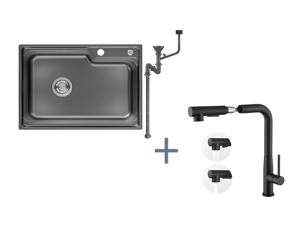 Lujodec Fregadero Cocina 1 Bandeja 62*45*21CM, de Acero Inoxidable PVD Nano Lavabo,Negro+Grifo Cocina con Ducha Extraíble,Rotativo 360°,Negro