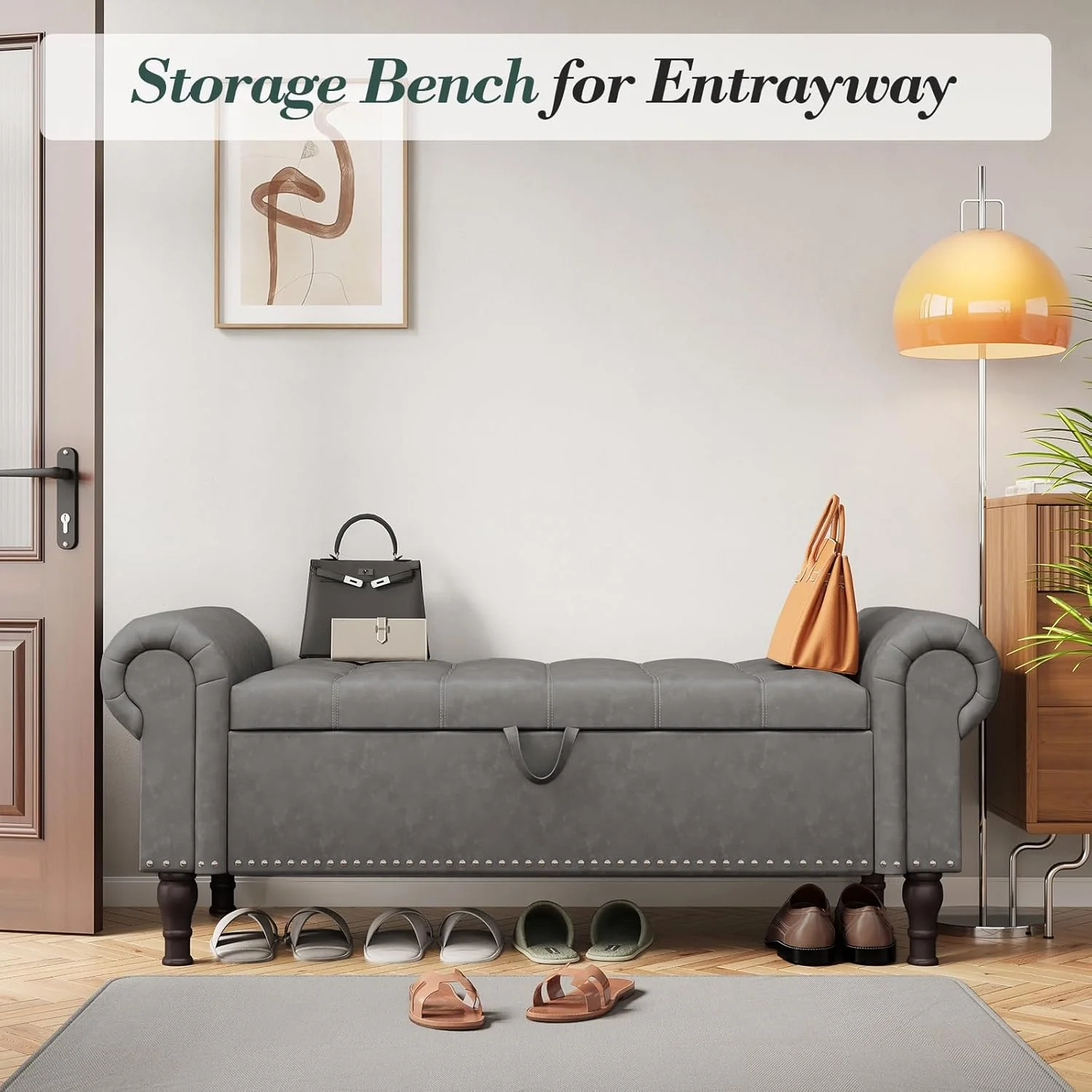 YOUDENOVA Storage Ottoman Bench for Bedroom 51" Queen Leather Storage Bench with Button, Upholstered Bedroom Bench with Rolled Arms for Living Room, Storage Room, Entryway, Gray - Image 10