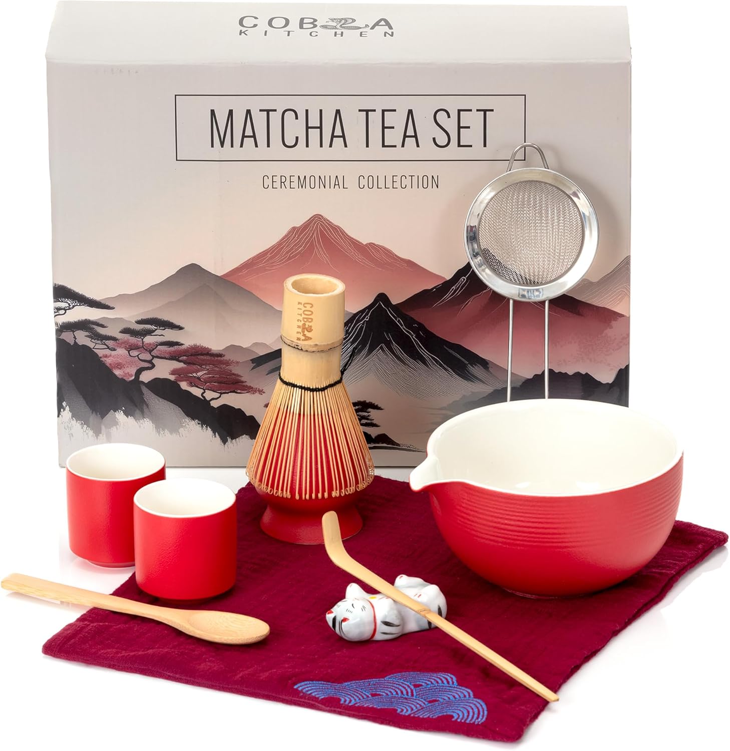 Lucky Red Matcha Tea Set – Japanese Matcha Kit with Bamboo Whisk, Sieve, Scoop, Cups & Ceramic Bowl – Red Matcha Ceremonial Set – Authentic Gift Set & Accessories for Smooth, Frothy Tea. 2 cups