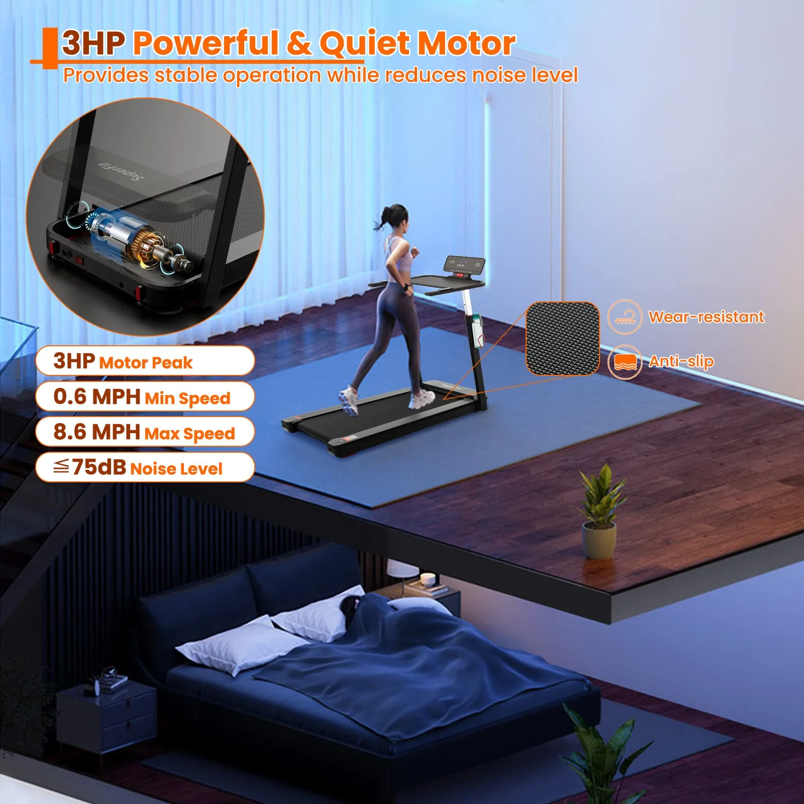 Eletriclife 3HP Folding Treadmill with Adjustable Height and APP Control