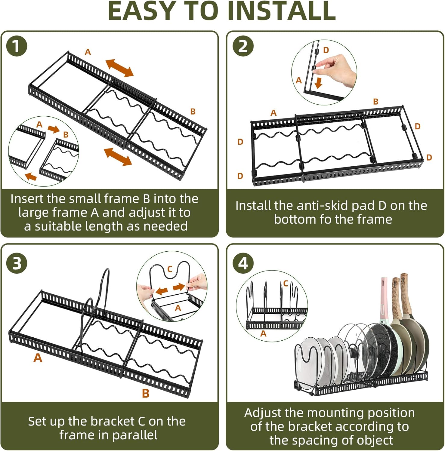 ROOHUA Pot Rack -Expandable Pan Organizer for Cabinet, Lid Holder with 10 Adjustable Compartment for Kitchen Cabinet Cookware Baking Frying Rack