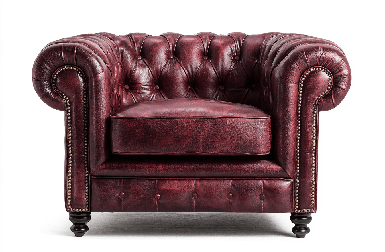Sillón individual tapizado en cuero genuino color burdeos 105×90×75 cm – estilo Chesterfield clásico con tachuelas y capitoné