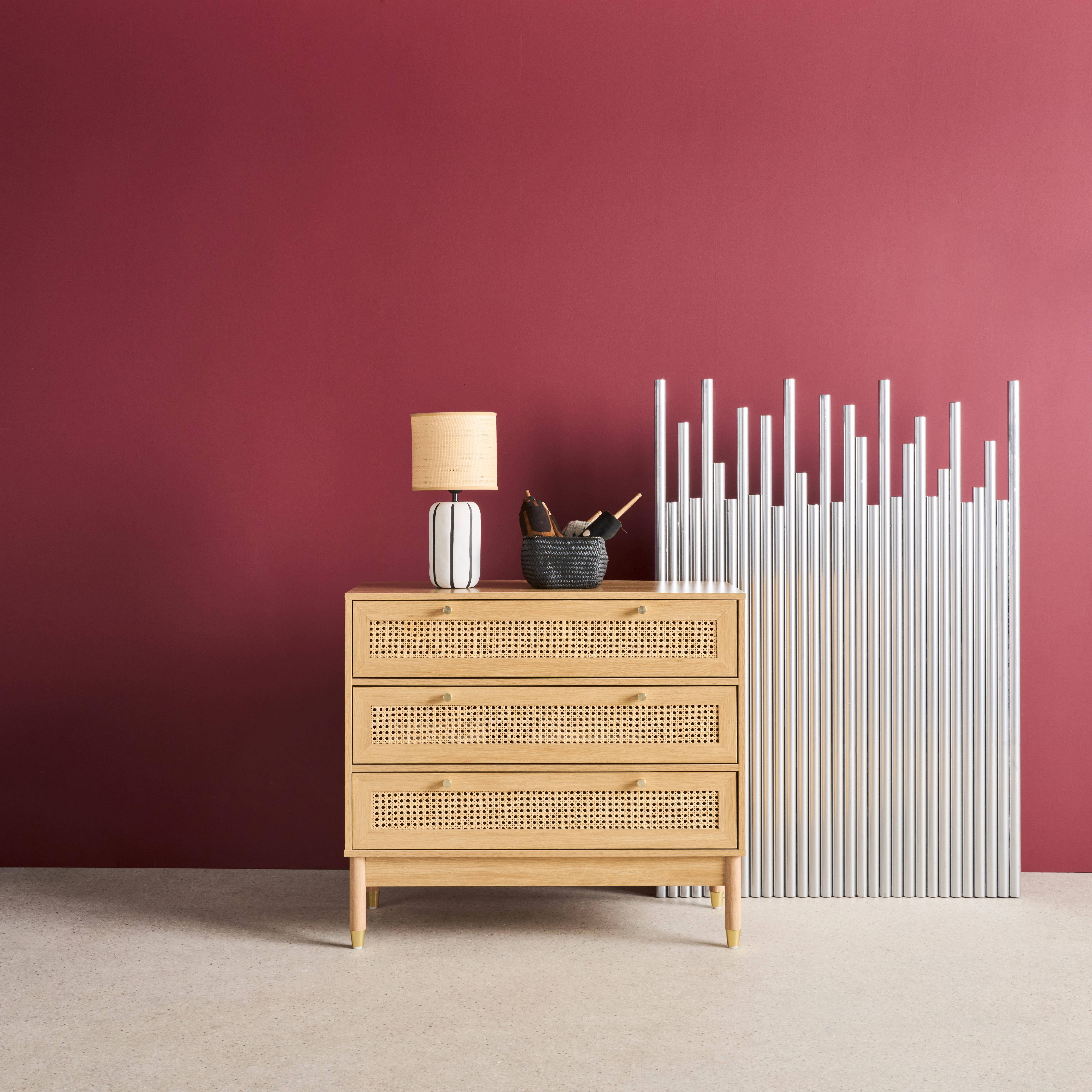 Judith - Cómoda con decoración madera y mimbre, 3 cajones