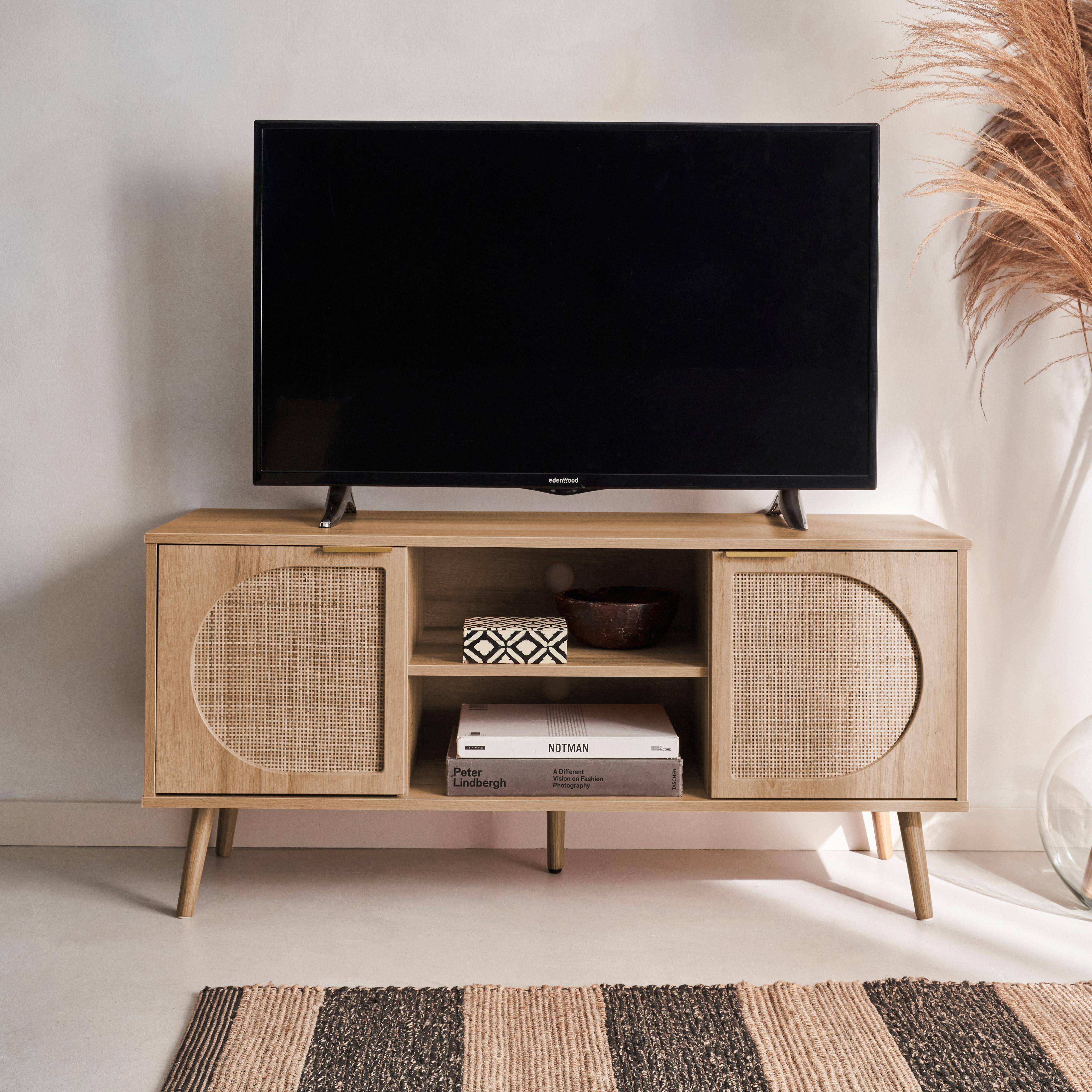 Eva - Mueble de TV en madera y caña redondeada, 120cm