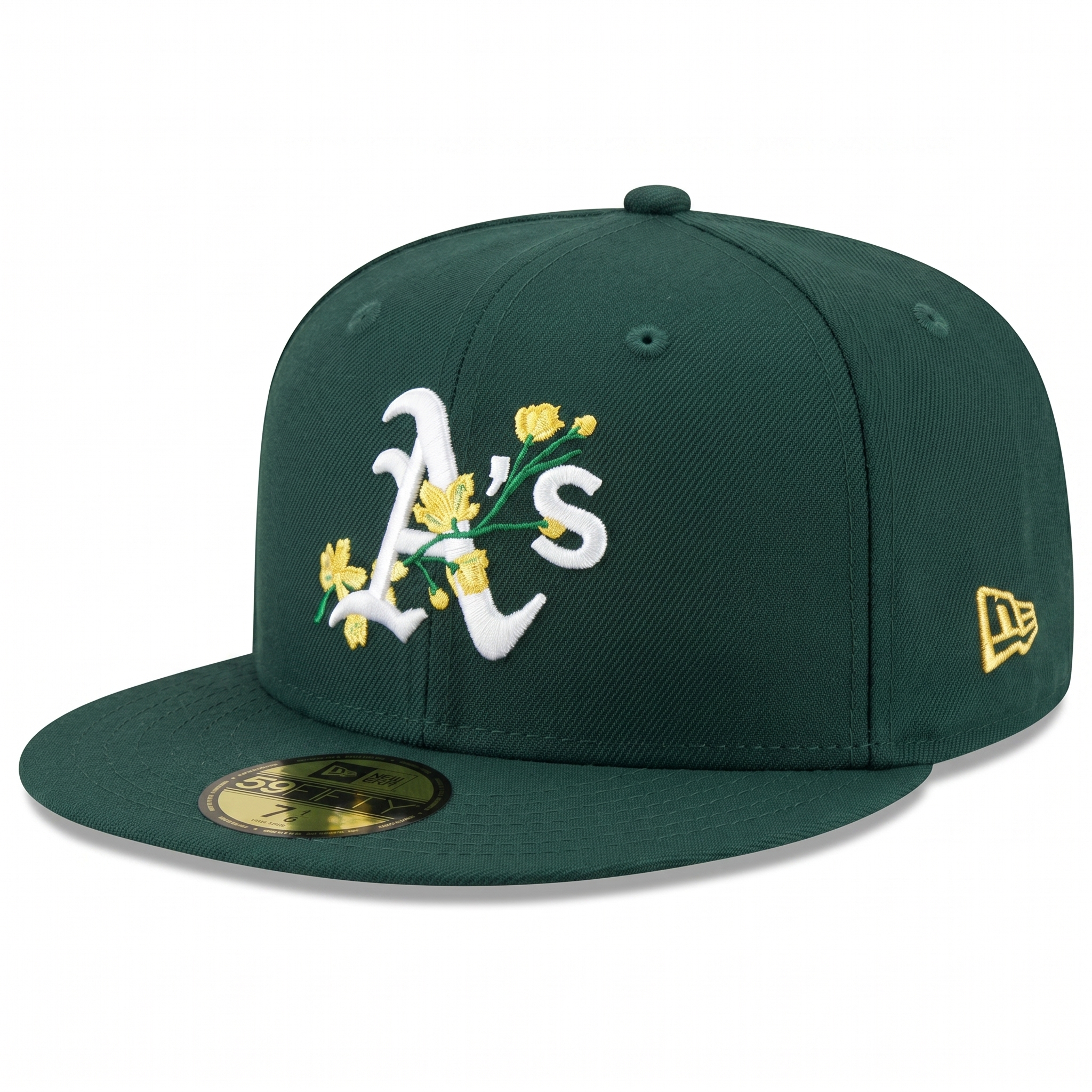 Front view of dark green Oakland Athletics fitted hat with white A's logo intertwined with embroidered yellow flowers.