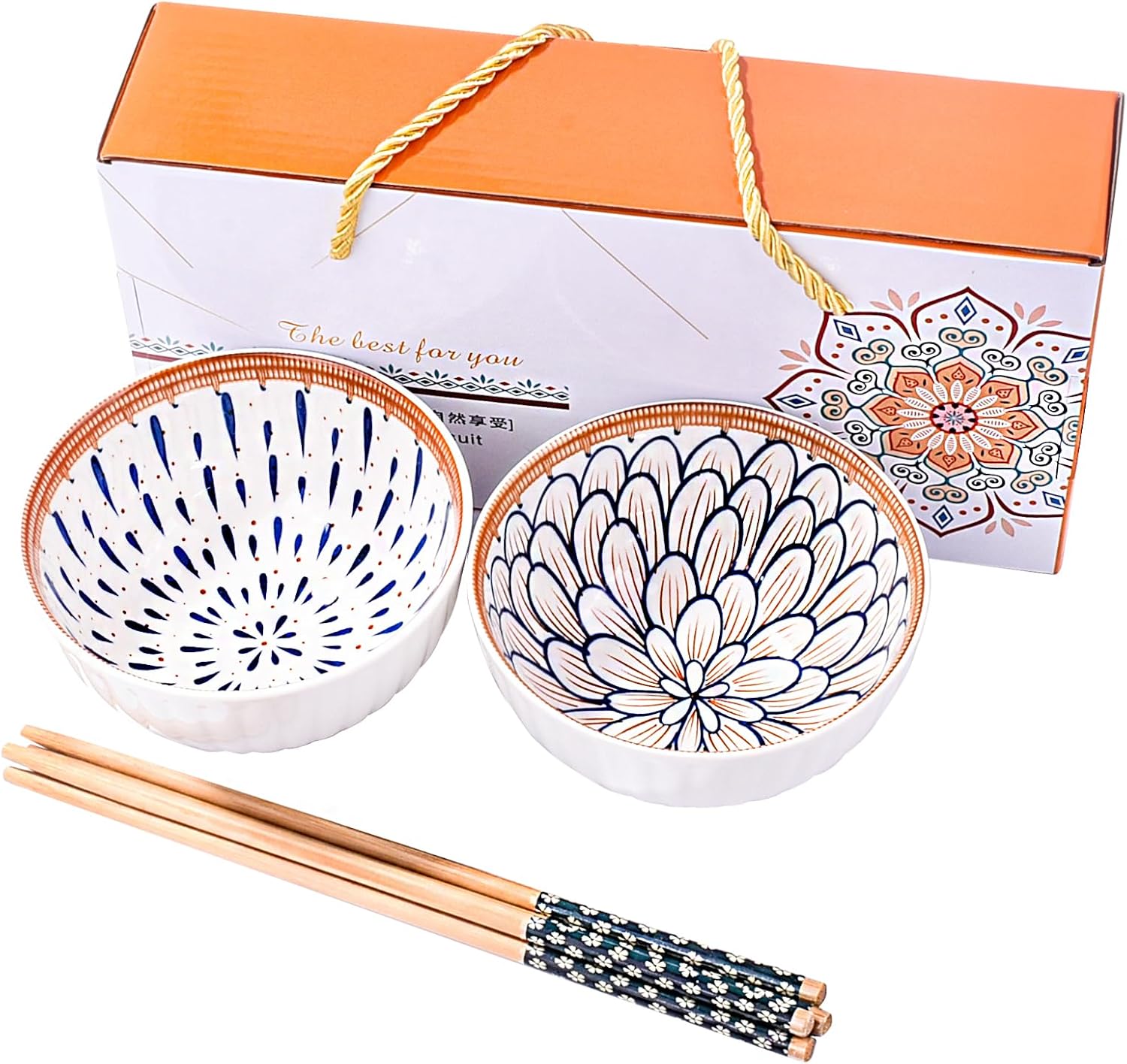 Japanese Ceramic Rice Bowl Set of 2 with Chopsticks, Small Porcelain Bowls for Soup, Grains, Snacks & Side Dishes,Dishwasher & Microwave Safe