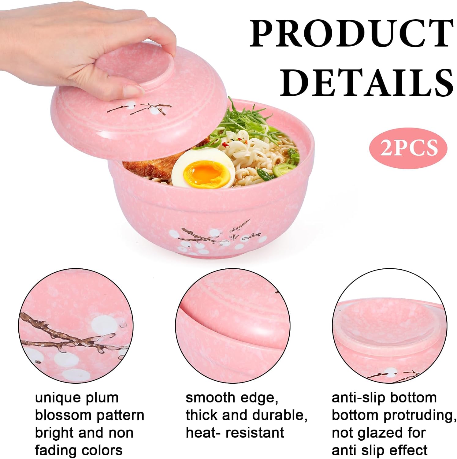 2 Pack Ceramic Ramen Noodle Bowl, 27 OZ Big Ramen Bowl with Lid, Japanese Hand-Painted Ceramic Tableware, Durable Floral Soup Bowl for Noodles, Porridge, Rice, Dishwasher Safe(Pink, Beige)