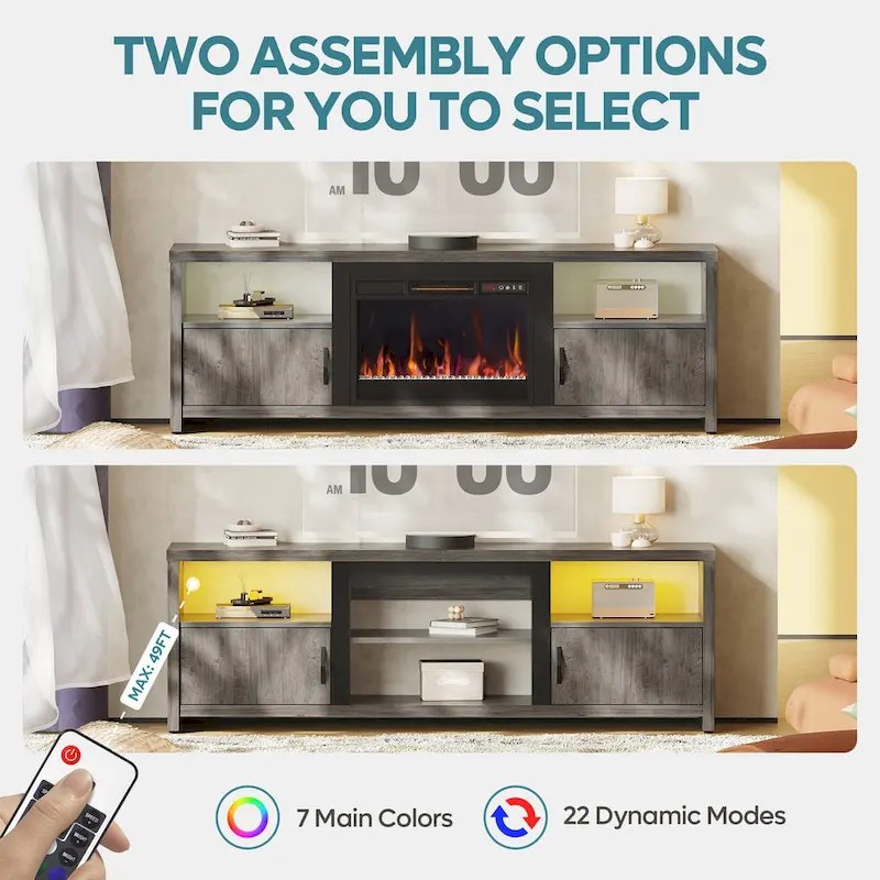 71-Inch TV Stand for 75-Inch TVs with LED Fireplace and Storage Cabinet