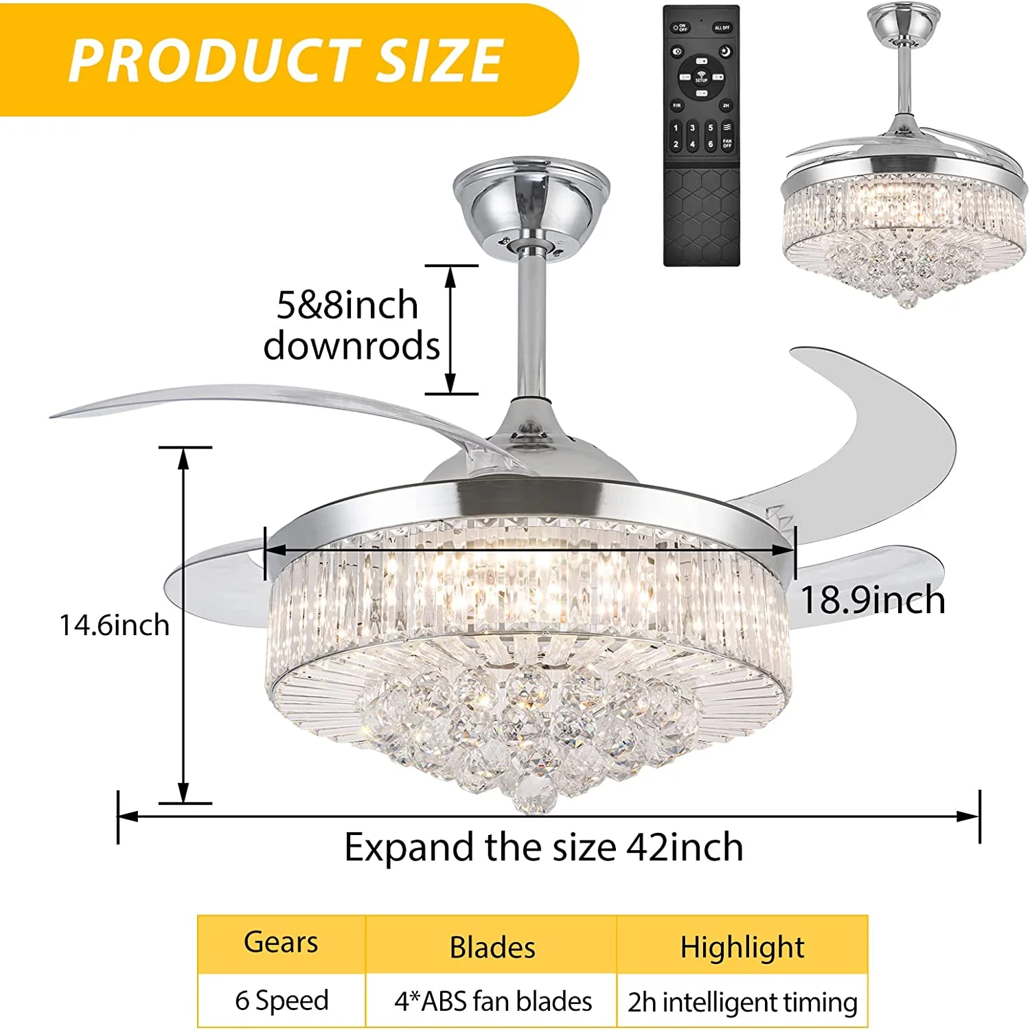 Datingday 42 Inch Crystal Ceiling Fan Golden Crystal Ceiling Fan Chandelier with Remote 6 Speeds 3 Colors Changes Lighting Fixture, 4 Blades Retractable Fans for Bedroom Living Room Dining Room - Image 15