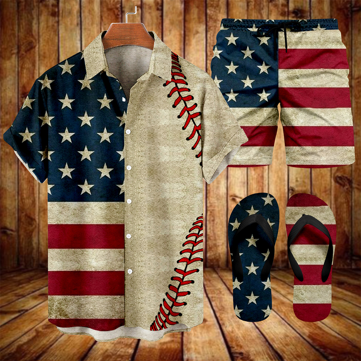 Suitmens Men's Tiki Party Hawaiian Vacation Print Three-Piece Set 026