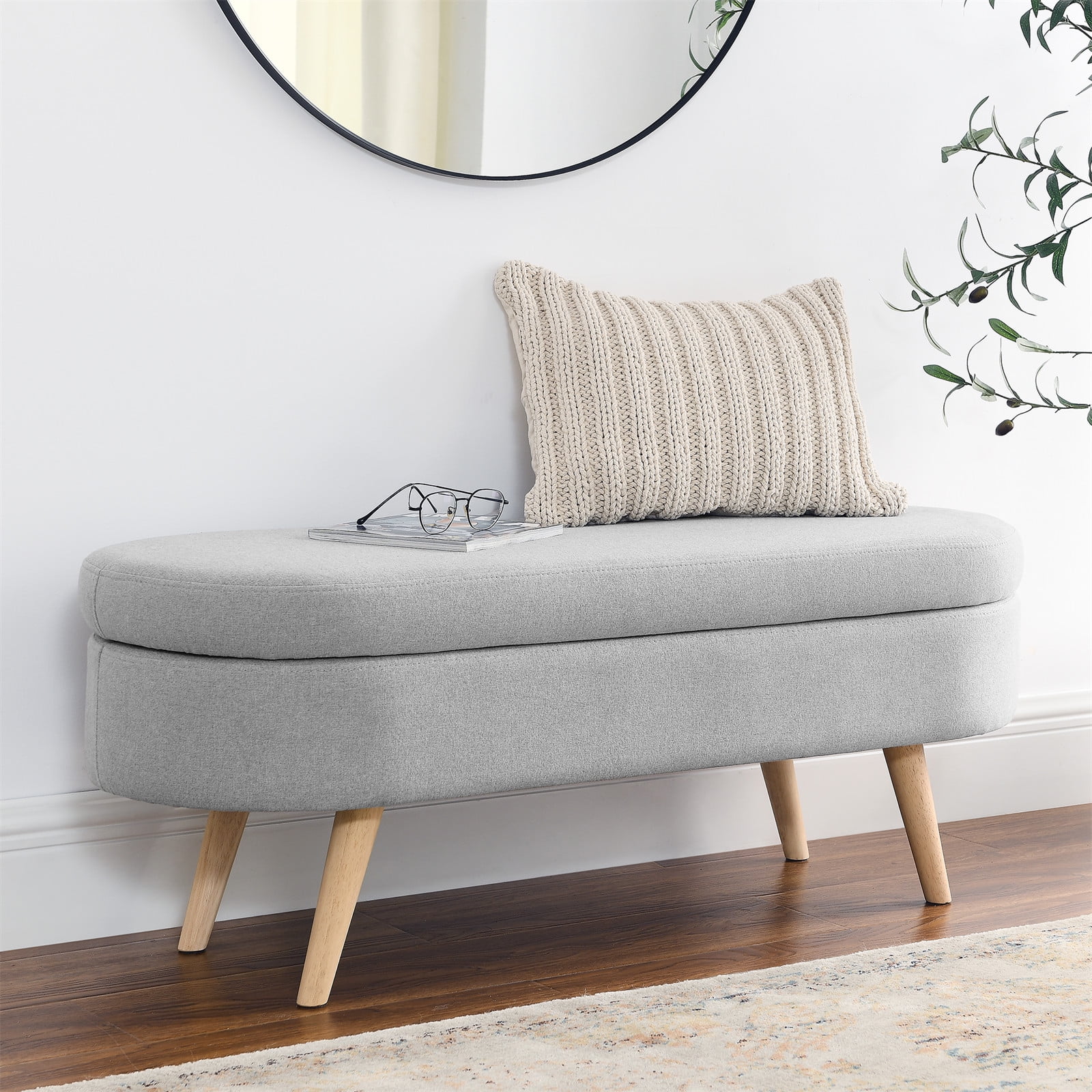 43.5" Oval Storage Ottoman Bench with Solid Wood Legs, Linen Fabric Upholstered Entryway Bench with Safety Hinge, Indoor Bench for End of Bed, Sofa Side, Entryway - Image 17