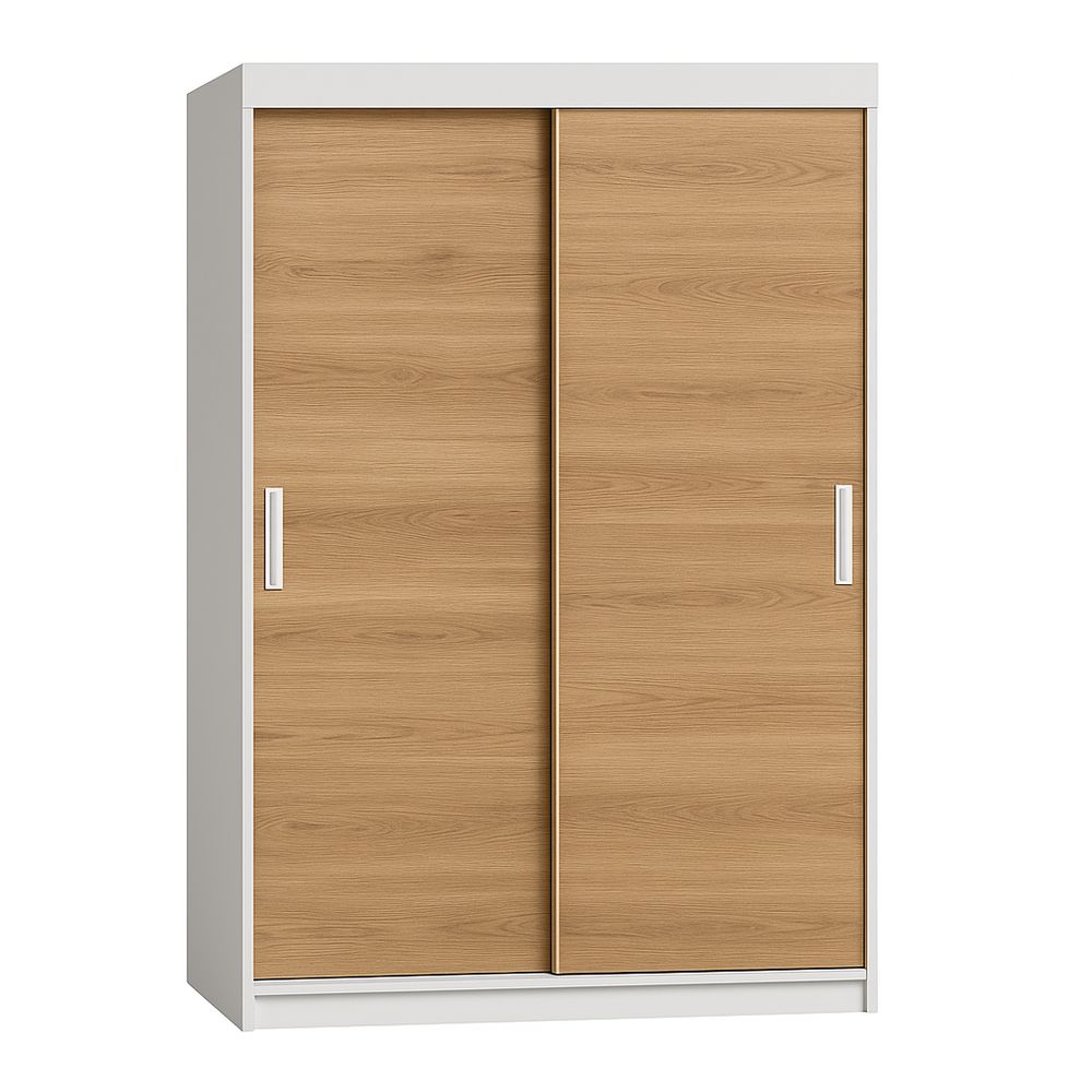 Armario moderno de dos puertas corredizas en color madera claro y blanco, almacenamiento eficiente