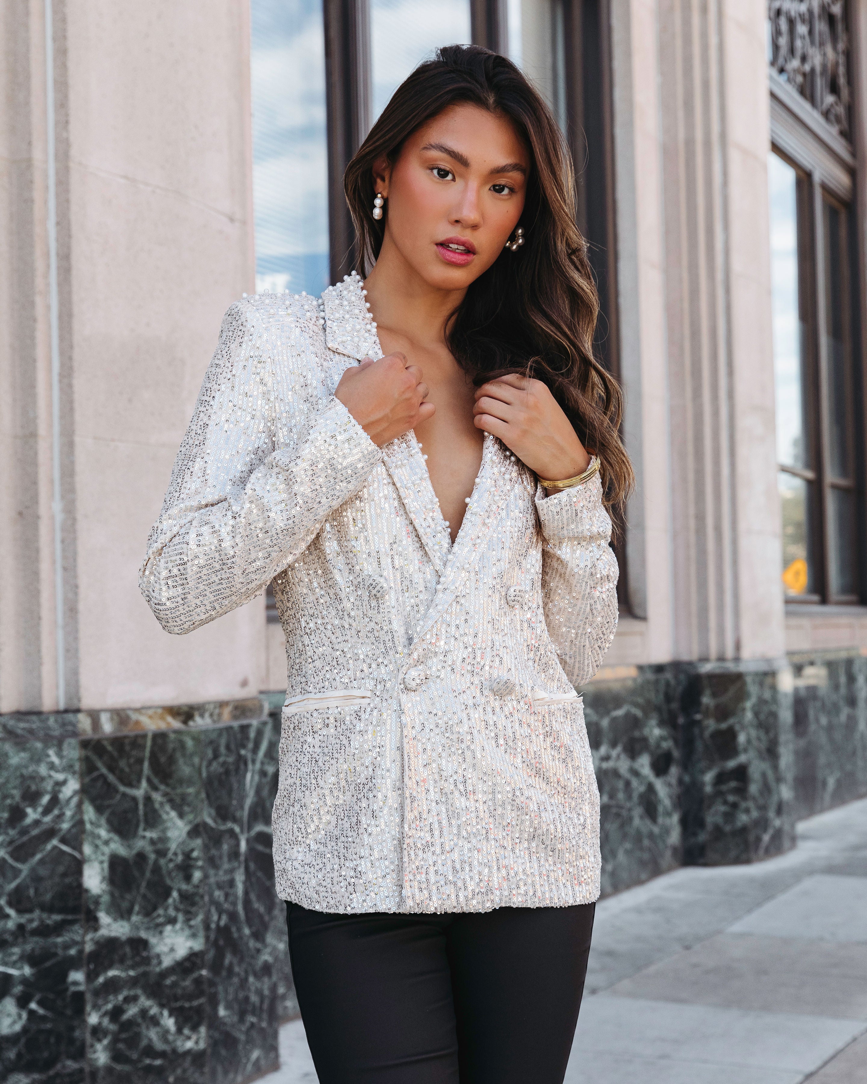 Friday Spotlight Pocketed Sequin Pearl Embellished Blazer - Silver - Se7enfashion