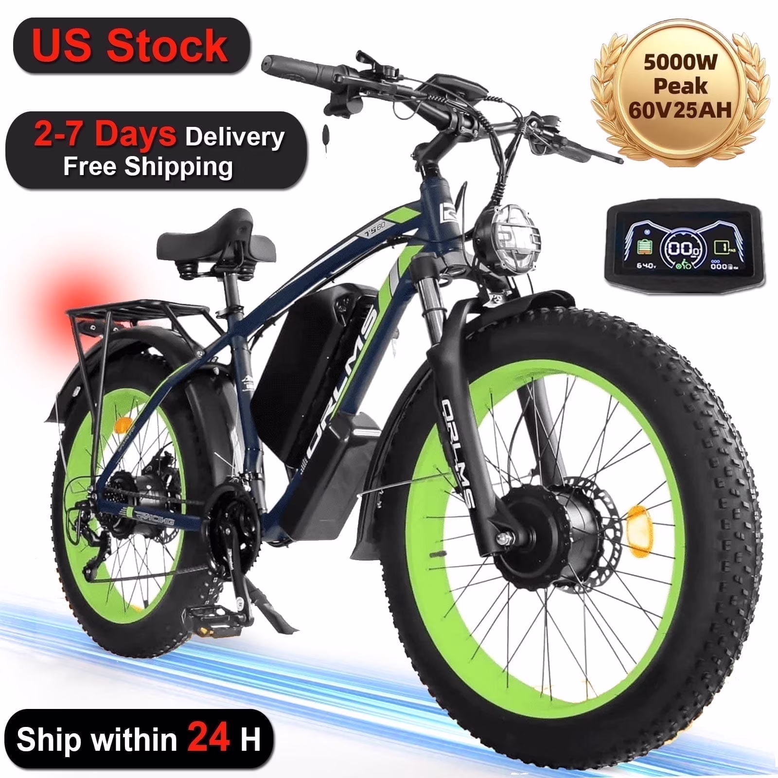 (US in Stock) 5000W Peak Dual Motor Electric Bike for Adults, 60V 25AH Removable Battery Ebike, 50MPH AWD 21 - Speed Mountain Snow E - Bike with 26" x 4.0 Fat Tire, Long Range Mountain Off - Road Ebikes(Black-Green)
