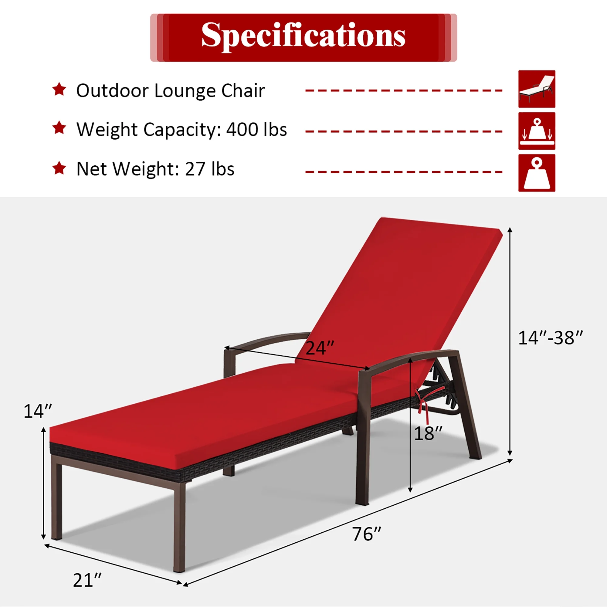 Costway 2PCS Patio Rattan Lounge Chair Chaise Recliner Back Adjustable Cushioned Red - Image 4