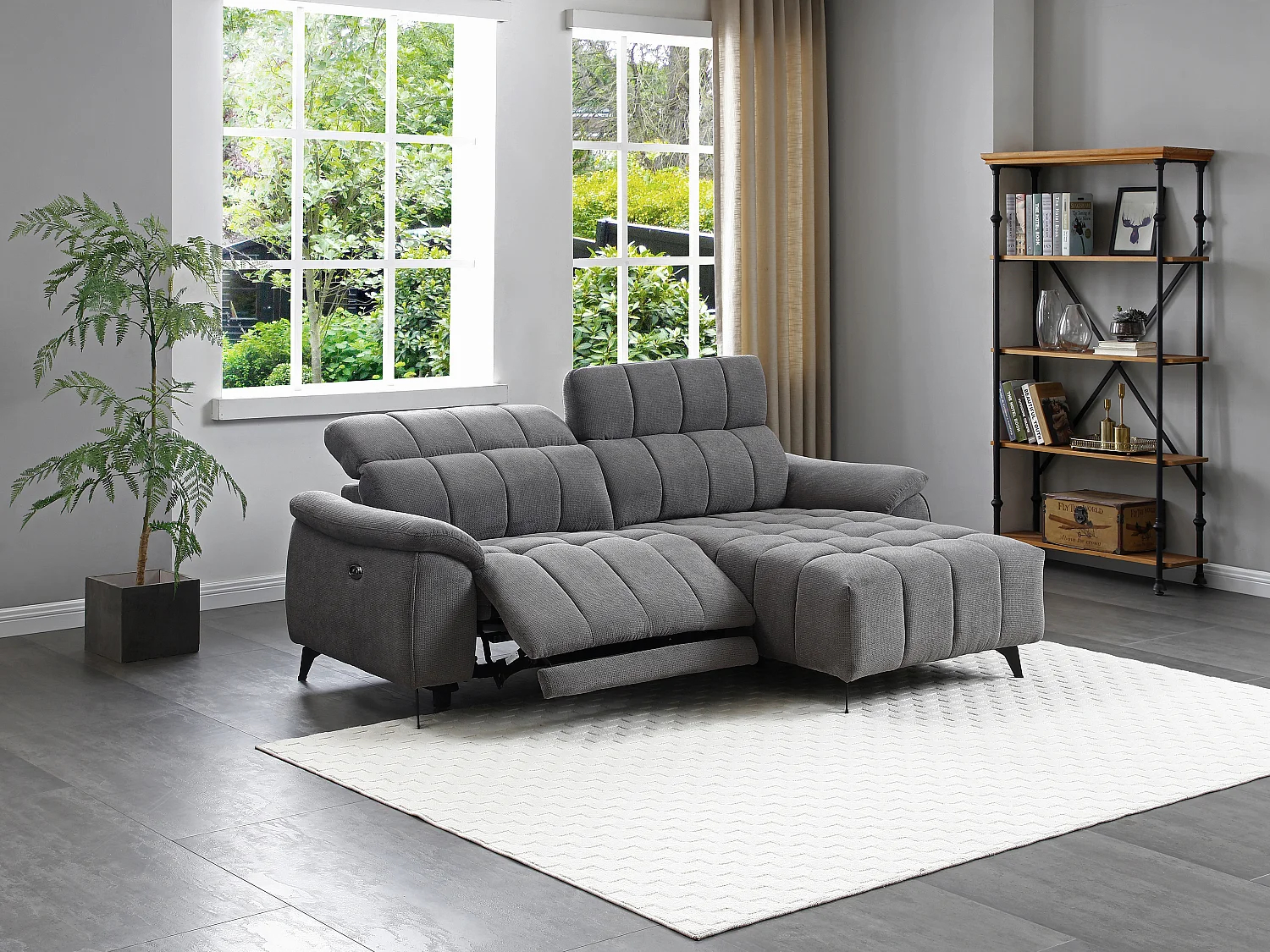 Sofá rinconera derecha relax eléctrico en tela texturizada gris CELTIMO