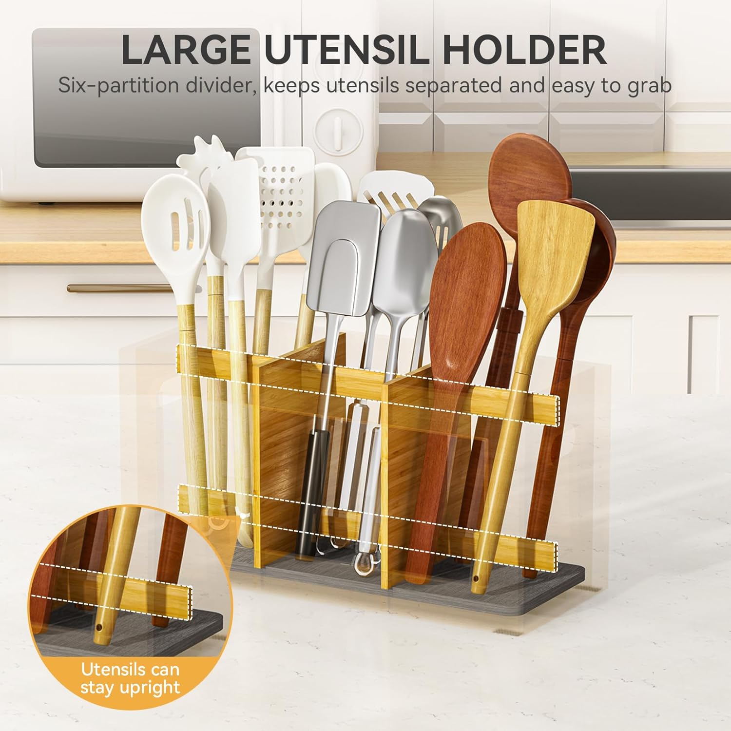 Yofidra Bamboo Utensil Holder & Silverware Organizer: Extra Large Cooking Holder with Absorbing Drying Stone and 6 Compartments Kitchen Countertop Storage Farmhouse Decor Accessories 11.8