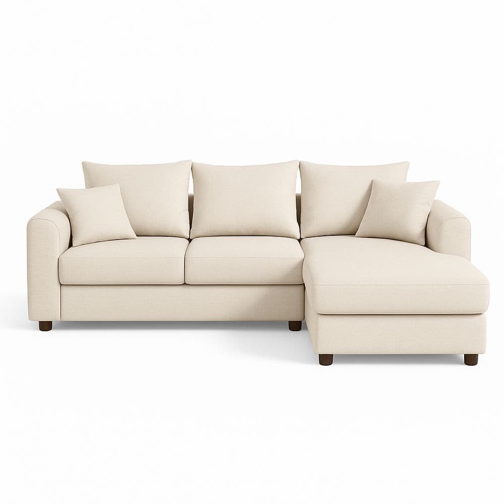 Sofá Seccional 3 Plazas Tela Beige Forma L Madera