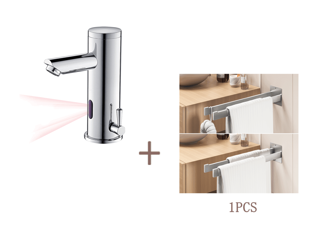 Casaplu Mezclador Lavabo Infrarrojo Electrónico Agua Fría/Caliente en Latón Cromo+Porta Toalla Baño Adhesivo/Perforación,Cepillado