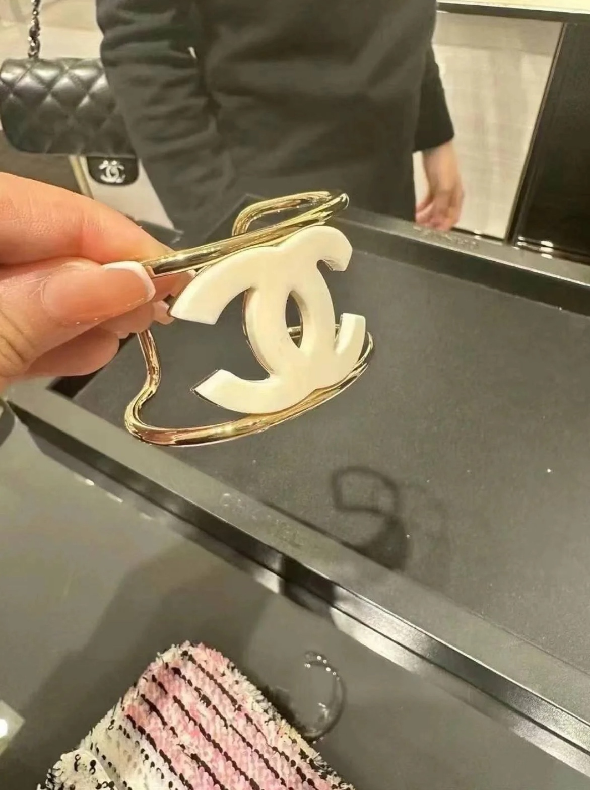 Chanel Funky Personality White CC Gold Cuff Bangle Bracelet - Original Replica Club