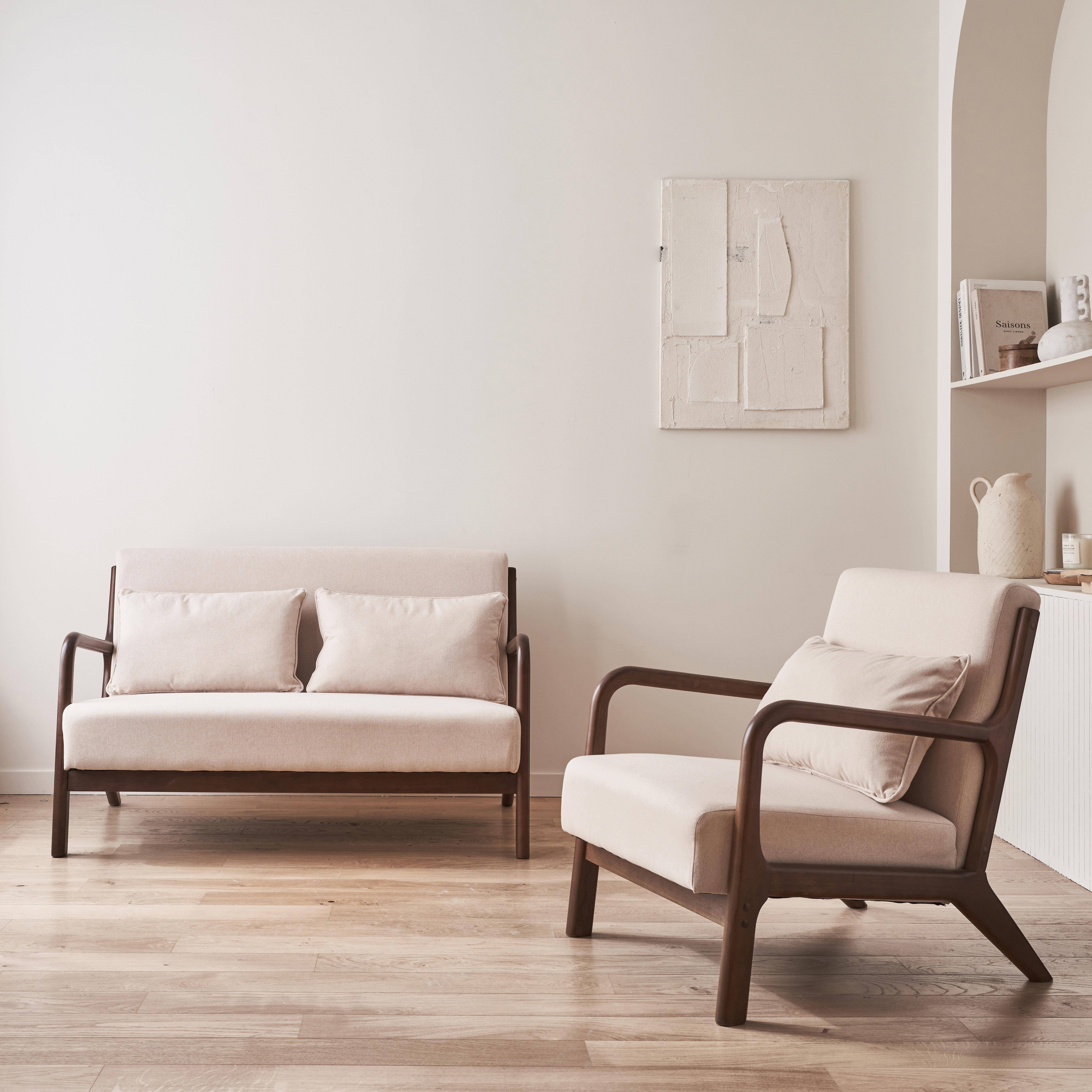 Lorens - Banco de 2 plazas + sillón de tela beige, madera de hevea teñida madera oscura