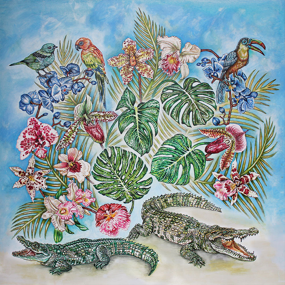 FOULARD LALIQUE BY GINNY LITSCHER DESSIN JUNGLE BLEU - DESSIN JUNGLE BLEU, 100% SOIE
