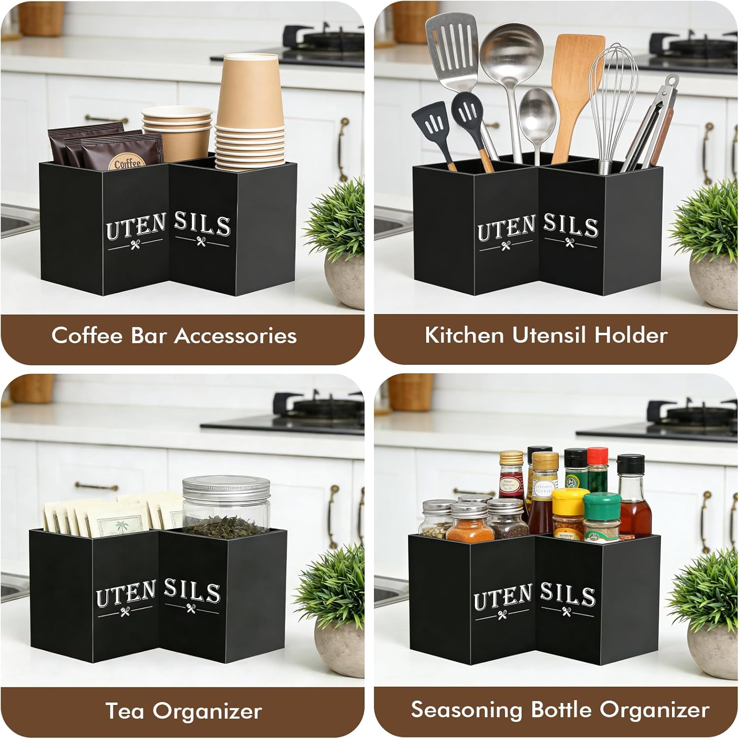Large kitchen Utensil Holder, Wooden Utensil Organizer for Kitchen Countertop, Spatula and Spoon Cooking Holder with 3 Compartments, Black