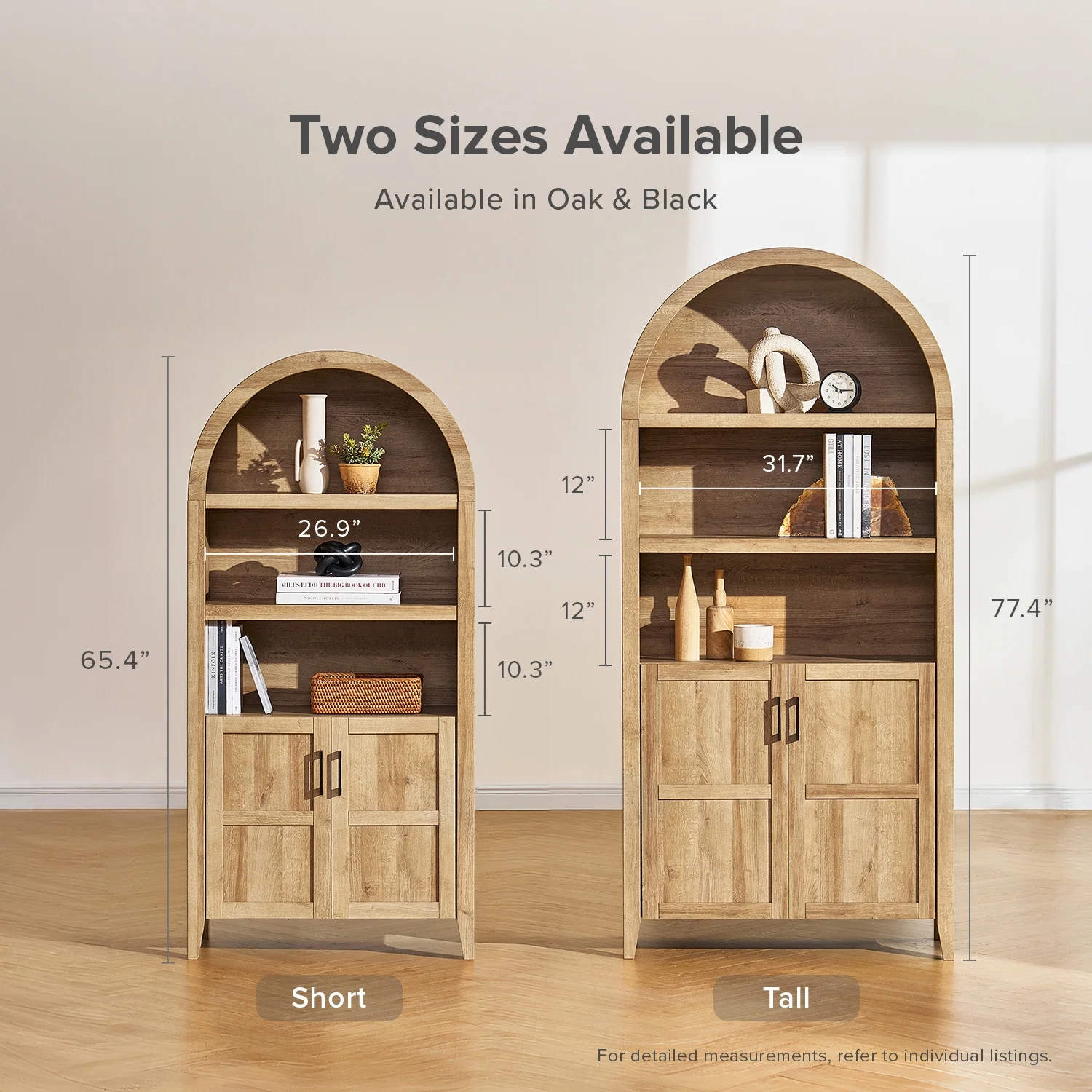 mopio Lauren 65.4" Arched Cabinet, 5-Tier Arched Bookcase with Doors and Shelves, Arched Bookshelf with Storage, Kitchen Pantry Cabinet, Wooden Storage Cabinet for Living Room, Kitchen (Oak) - Image 25