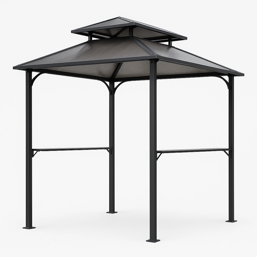 Caseta metálica para barbacoa con techo a dos aguas, para jardín, metal negro, uso exterior, 300x120x280 cm