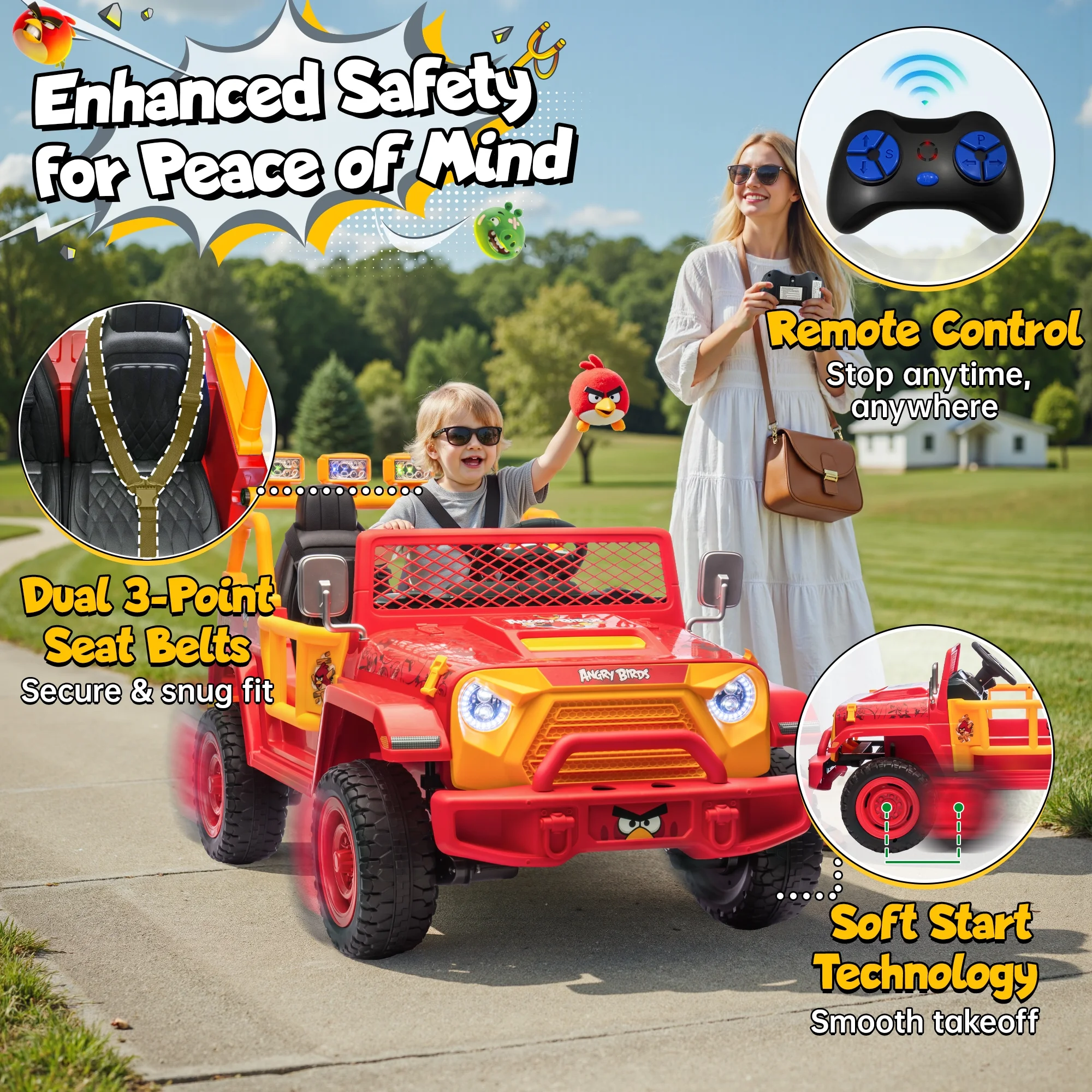 Joyracer 24 Volt Ride on Toys for Big Kids, Licensed Angry Birds Ride on Truck with Remote, 2 Seater 4WD Electric Ride ons with Shovel, Bluetooth, Lights, Power Car Wheels for 3-8, 130lbs, Green - Image 21