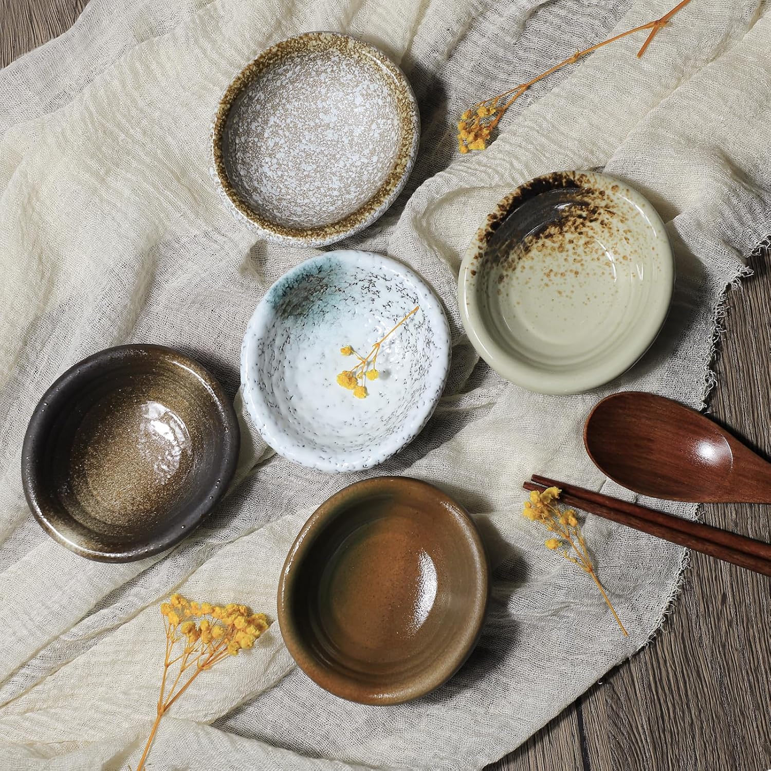 Set of 5 Japanese Vintage Style Ceramic Side Bowls Retro Seasoning Dishes Soy Dipping Dishes - 3.5 Inch
