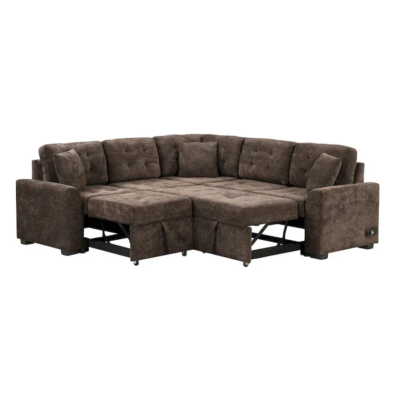 82.6-Inch L-Shaped Sleeper Sofa with Pull-Out Feature, Wheels, USB Ports, and Power Sockets - Dimensions: 82.6W x 82.6D x 33H