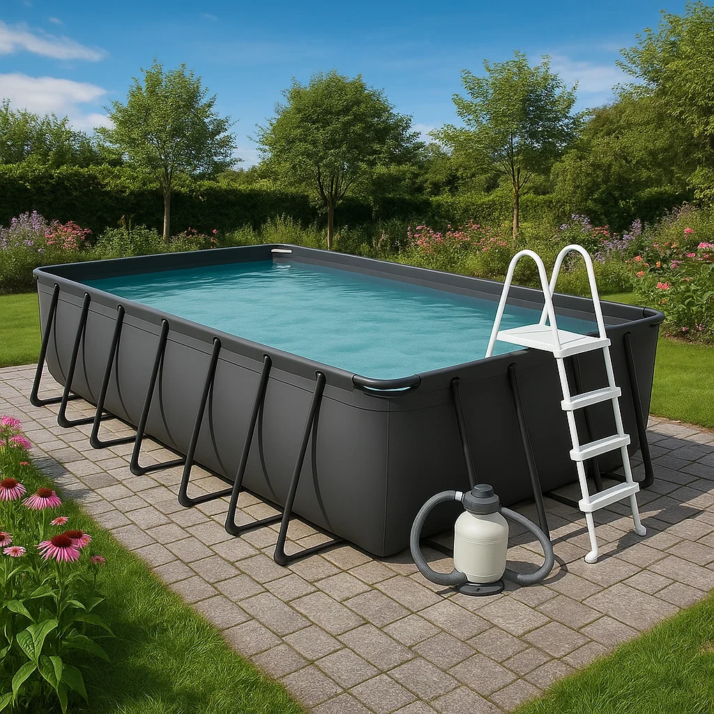 Piscina tubular rectangular 700x355x125 cm Negro/Gris con filtro y escalera yDlBVpO172Zj