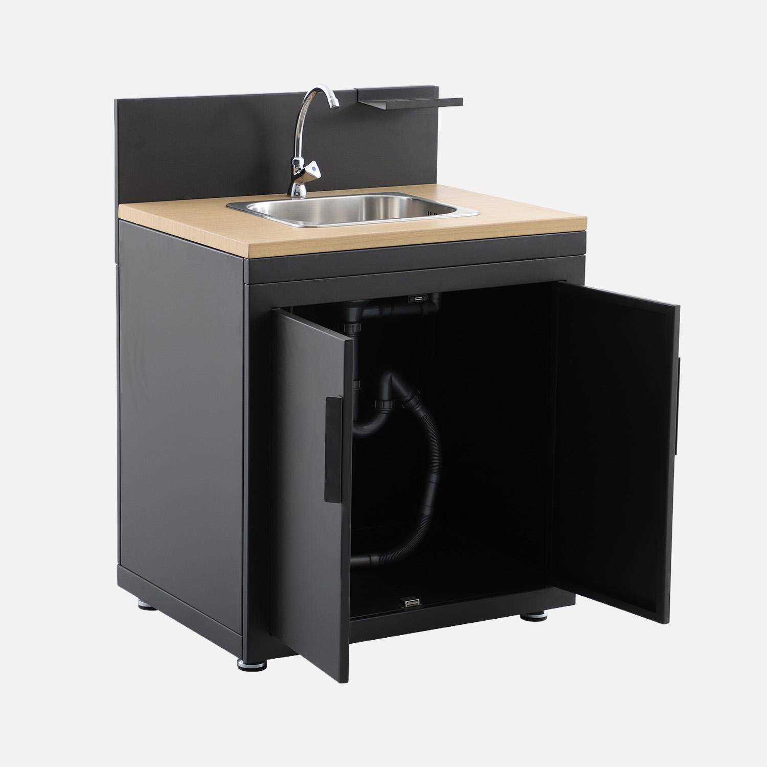 Milos - Cocina exterior de acero y decoración de madera 1 fregadero 2 puertas 1 gancho, 80cm