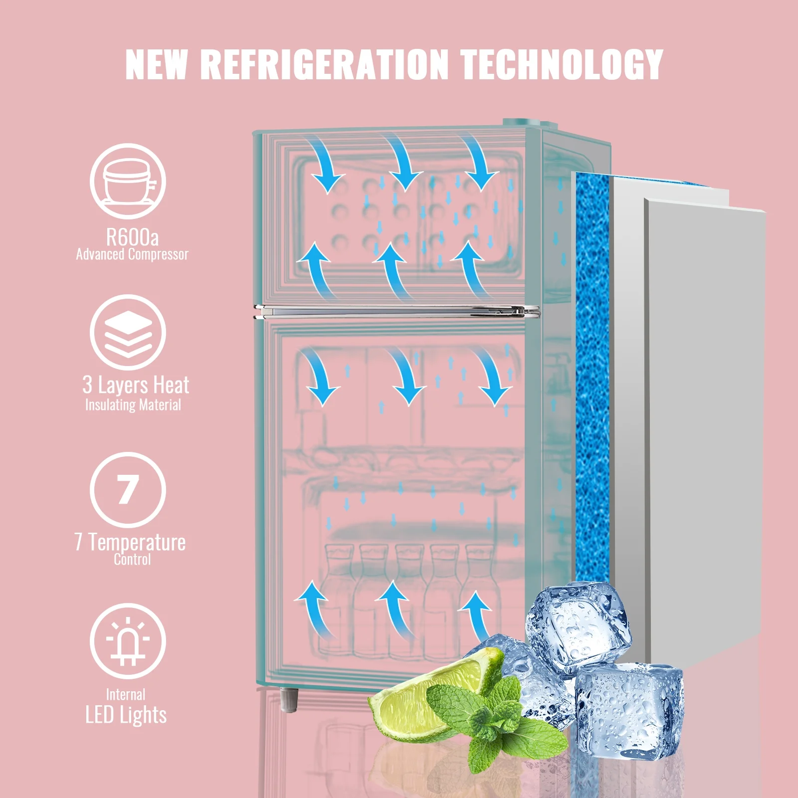 3.5 Cu.ft Compact Refrigerator WANAI Dual Doors Handles Mini Fridge with Top Freezer Blue New - Image 5