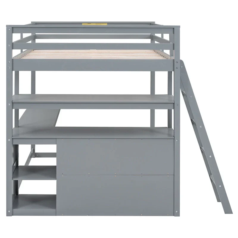 Gray Full-Size Loft Bed with Desk, Shelves, and Two Built-In Drawers