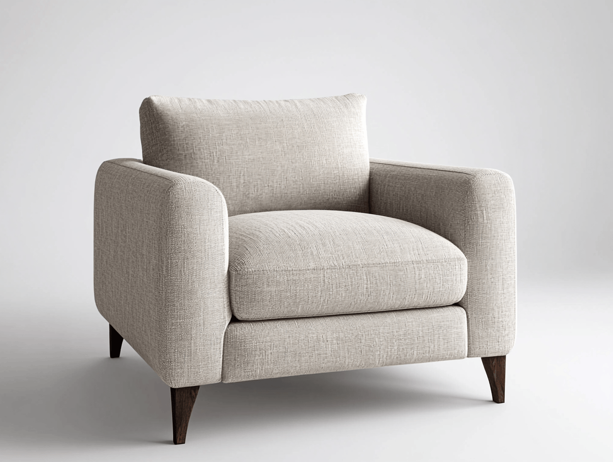 Sillón grande de lino gris con reposabrazos cuadrados y patas de madera