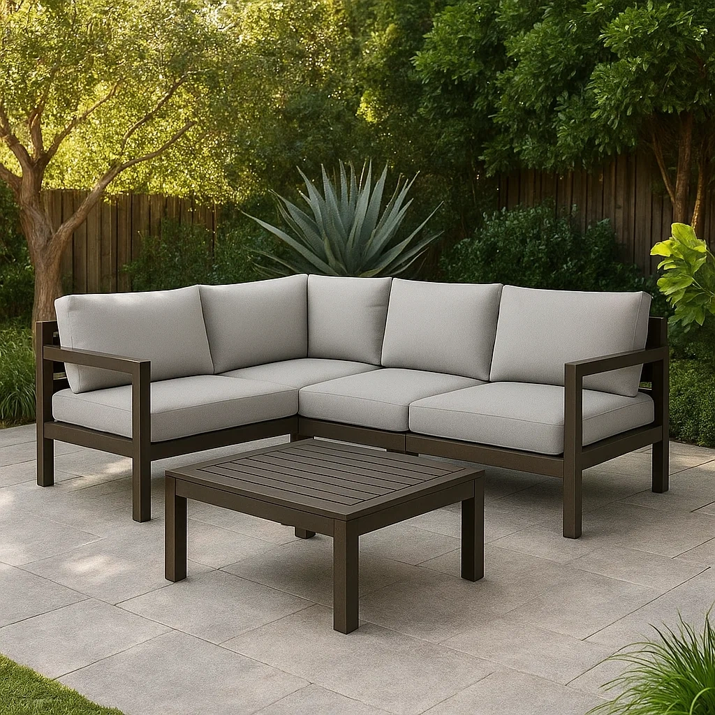 Conjunto de jardín de metal: sofá rinconera de 4 plazas y 1 mesa de centro,Marrón oscuro y cojines grises - kAZEAvI203DS