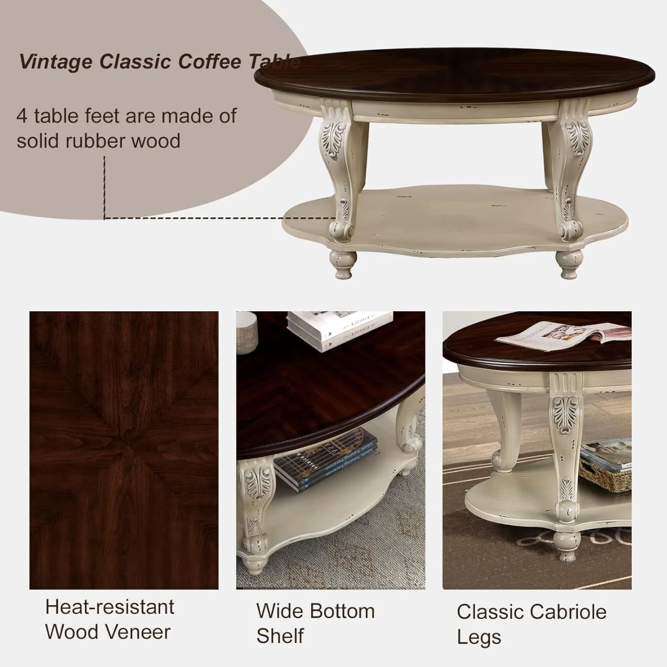 42" Oval Coffee Table with Storage Shelf, 2-Tier Solid Wood Cocktail Tea Table, Traditional Retro Center Table for Living Room, Bearing 400LBS, Cherry - Image 19