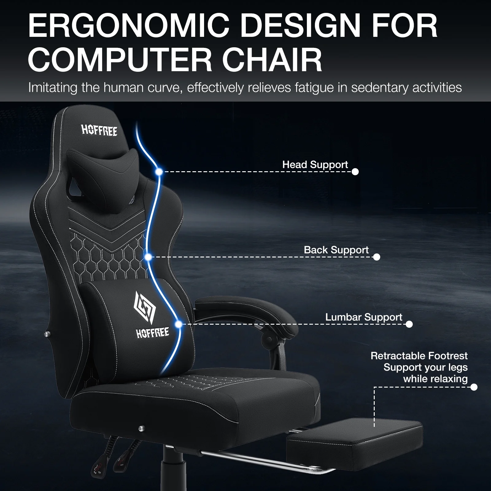 Hoffree Gaming Chair with Massage Fabric Office Chair with footrest for Adults, Ergonomic Gamer Chair with Headrest and Lumbar Support for Office Gaming, 440 LBS - Image 14