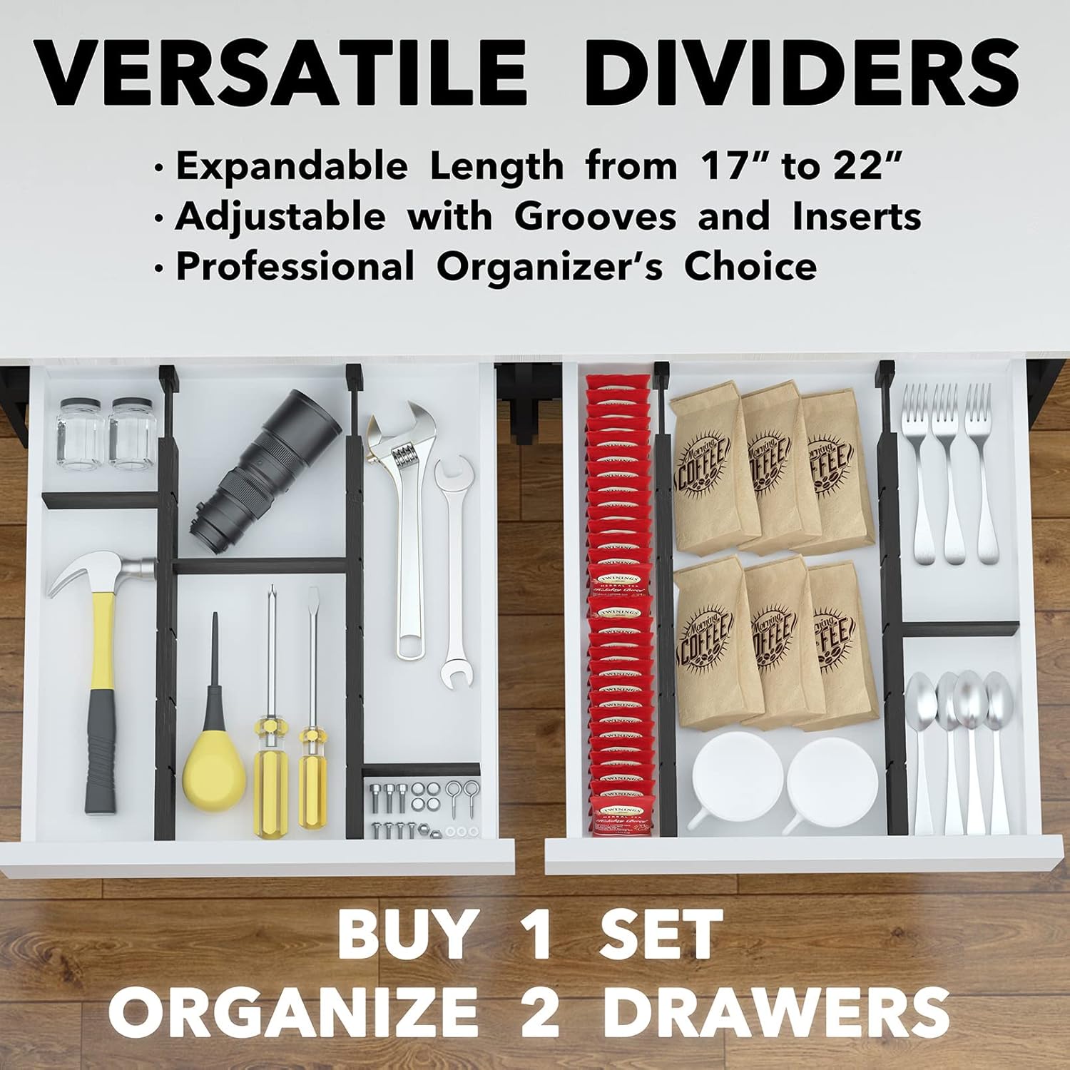 SpaceAid Bamboo Drawer Dividers with Inserts and Labels, Kitchen Adjustable Drawer Organizers, Expandable Organization for Home, Office, Dressers, 4 Dividers with 9 Inserts (17