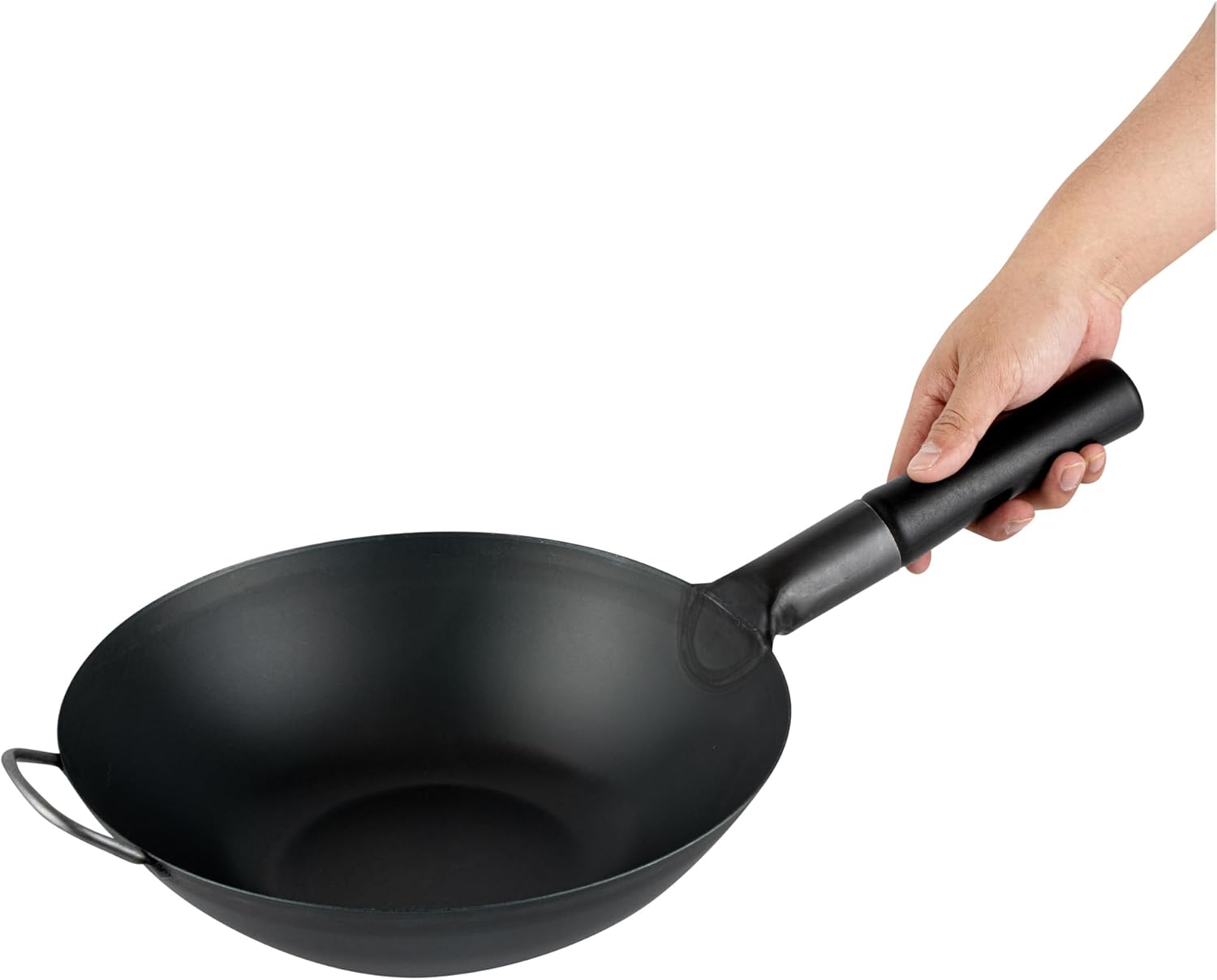 Restaurantware Carbon Steel Wok 1 Pack of 11.6 Inch Heavy-Duty Uniform Heat Distribution Pan Induction Compatible Flat Bottom Wok Welded Handle Black For Gas Stovetops And Grills