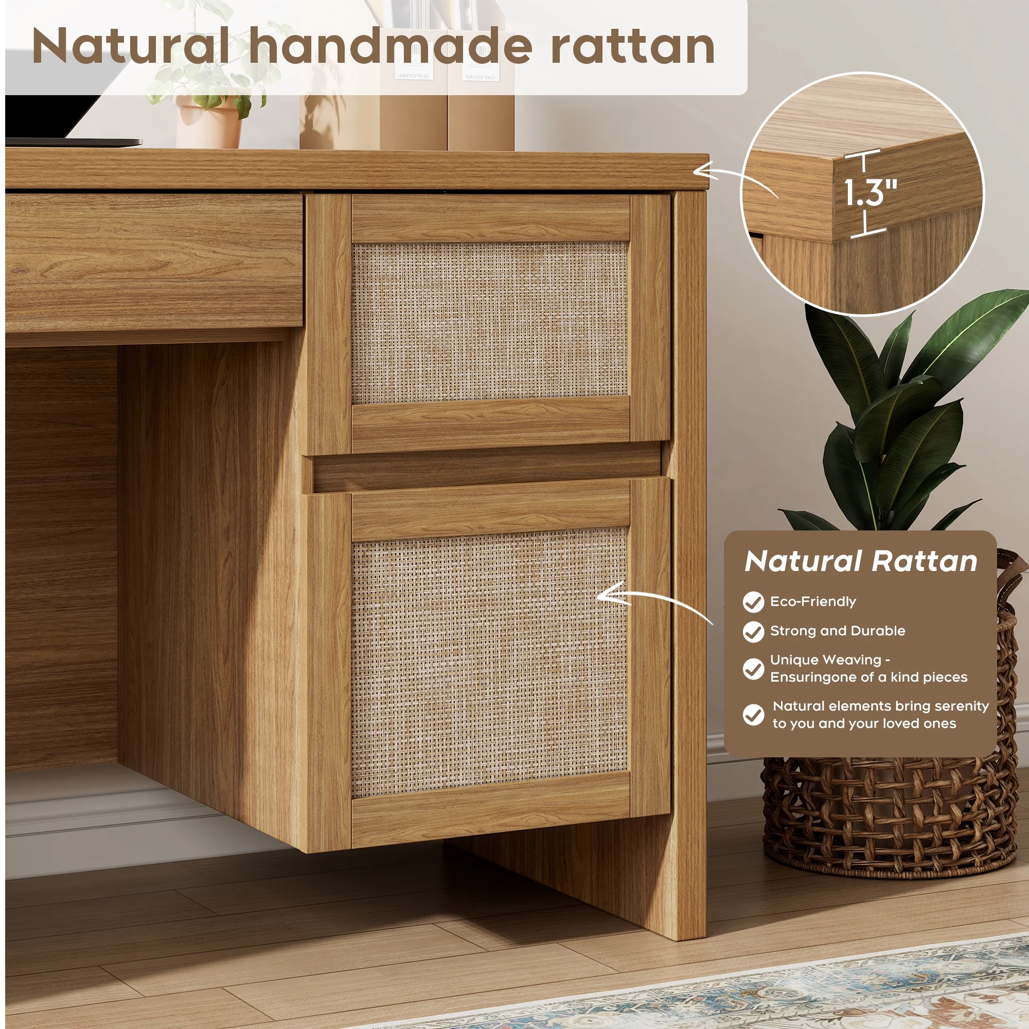 Brafab Home Office Desk with Charging Station, 5-Drawer Executive Desk with Rattan Front, Modern Farmhouse Computer Writing Desk, Built-in USB/Type-C Ports & Outlets - Image 5